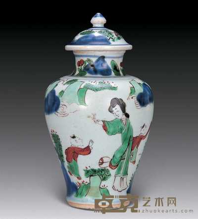 清顺治 青花五彩人物盖罐 高20.5cm